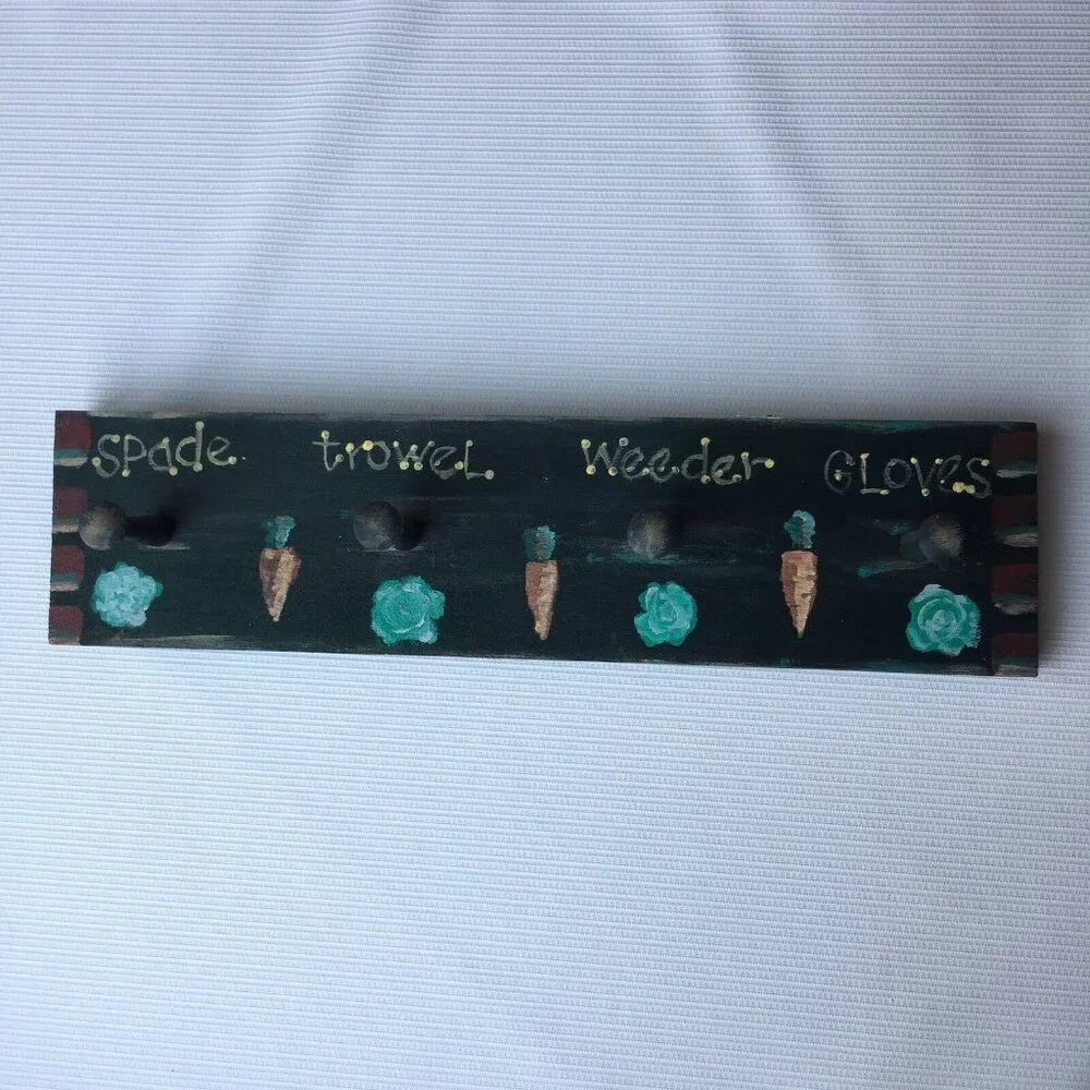 Garden Lover Gift Wooden Tool Rack Handmade Craft Wall Hanging Painted 4 Hooks